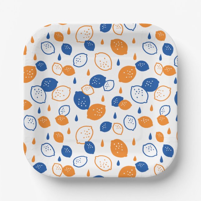 Blue and Orange Lemon Pattern Playful Fruit-Themed Paper Plates (Front)