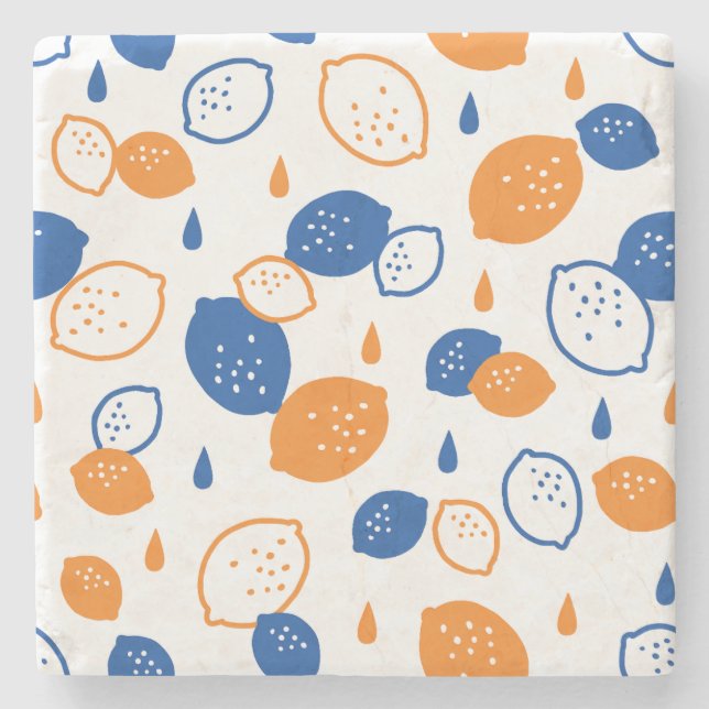 Blue and Orange Lemon Pattern Playful Fruit-Themed Stone Coaster (Front)