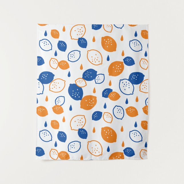 Blue and Orange Lemon Pattern Playful Fruit-Themed Tapestry (Front)