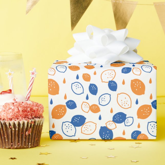 Blue and Orange Lemon Pattern Playful Fruit-Themed Wrapping Paper (Birthday Party)