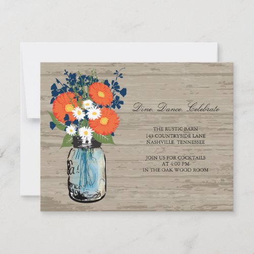 Blue and Orange Mason Jar Wood  Reception Invitation