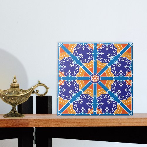 Blue And Orange Mediterranean Spanish Pattern Ceramic Tile