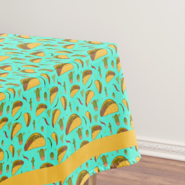 Blue and Orange Mexican Tacos and Cactus Kitchen Tablecloth (In Situ)
