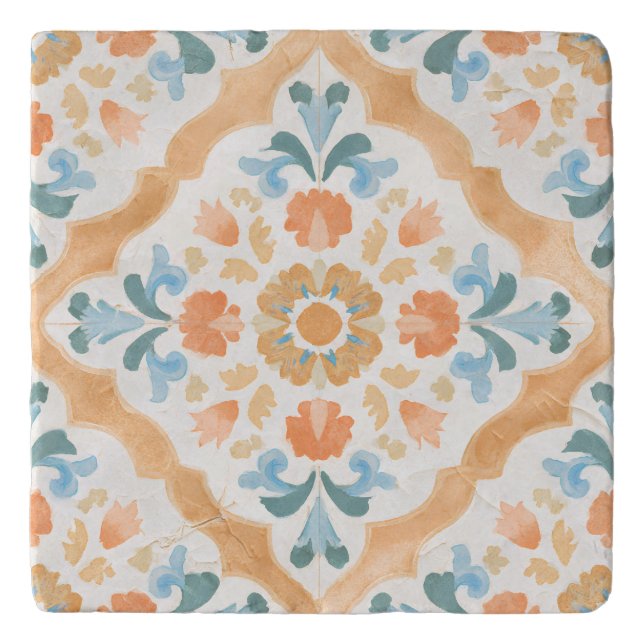 Blue and Orange Mexican Talavera Trivet (Front)