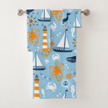 Blue And Orange Nautical Scene Pattern Ii Kids Bath Towel Set by KeikoPrints at Zazzle