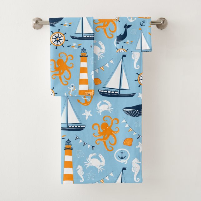 Blue and Orange Nautical Scene Pattern II Kids Bath Towel Set (Insitu)