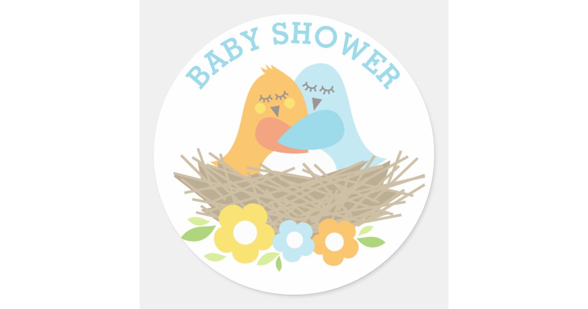 Blue And Orange Nesting Birds Baby Boy Shower Classic Round Sticker Zazzle Com