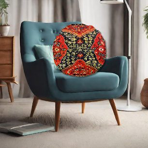 Blue and Orange Oriental Rug Print Round Pillow –