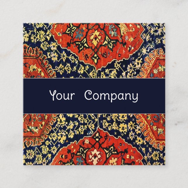 Blue and orange Oriental rug theme  Square Business Card (Front)