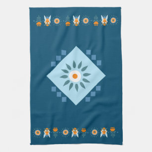 Blue and Orange Owl Flower Folk Art Kitchen Towel