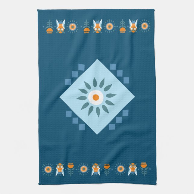 Blue and Orange Owl Flower Folk Art Kitchen Towel (Vertical)