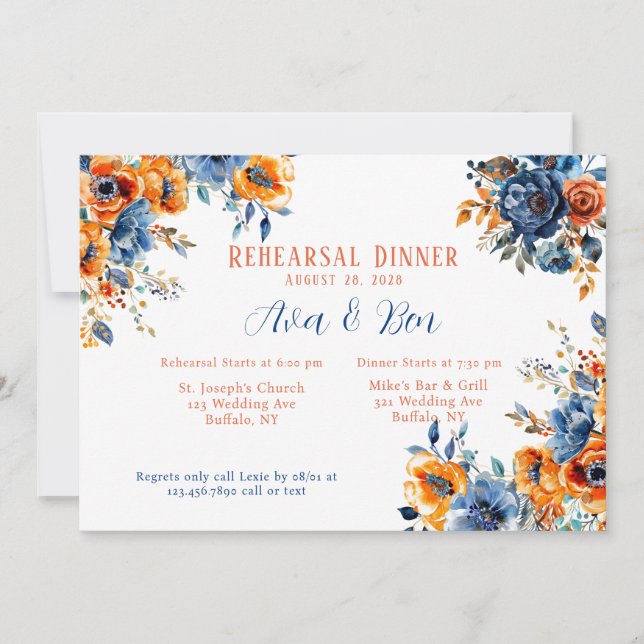 Blue and Orange Paint Floral Rehearsal Dinner Invitation (Front)