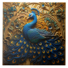 Blue and Orange Peacock, Golden Background Ceramic Tile