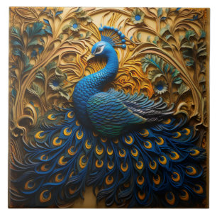 Blue and Orange Peacock, Golden Background Ceramic Tile