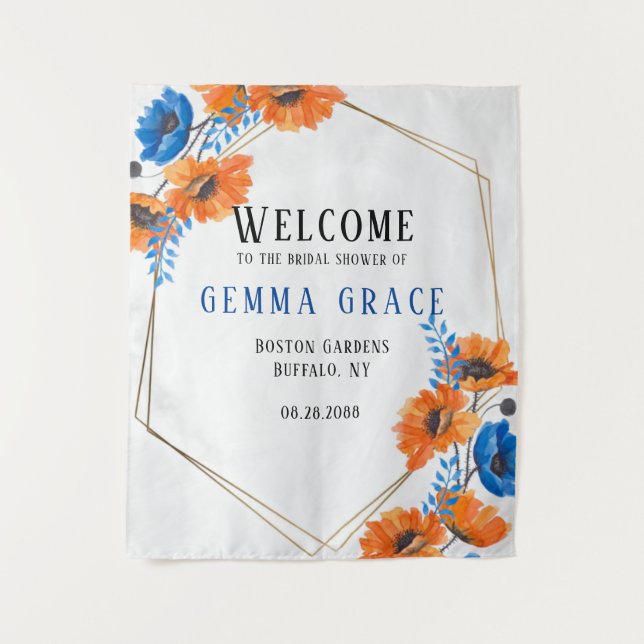 Blue and Orange Peppy Bridal Shower Welcome Tapestry (Front)