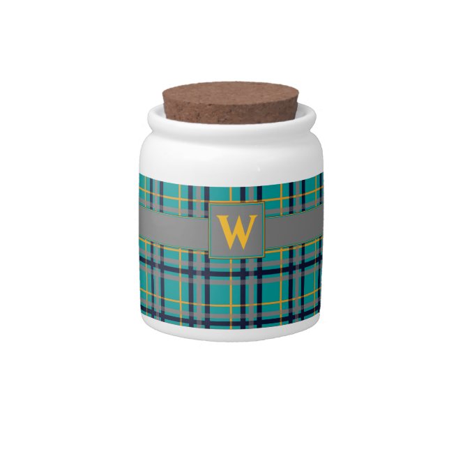 Blue and Orange Plaid Candy Jar (Front)