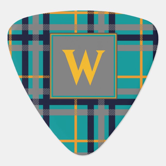 Blue and Orange Plaid Guitar Pick (Front)