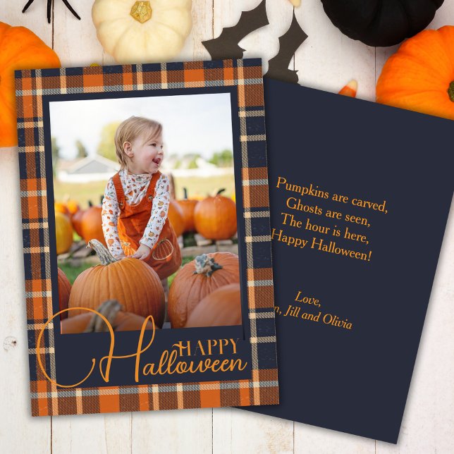 Blue And Orange Plaid Happy Halloween Photo Holiday Card (Blue And Orange Plaid Happy Halloween Photo Holiday Card)