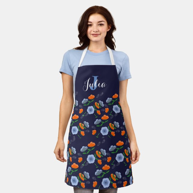 Blue and Orange Poppy Floral Apron (Worn)