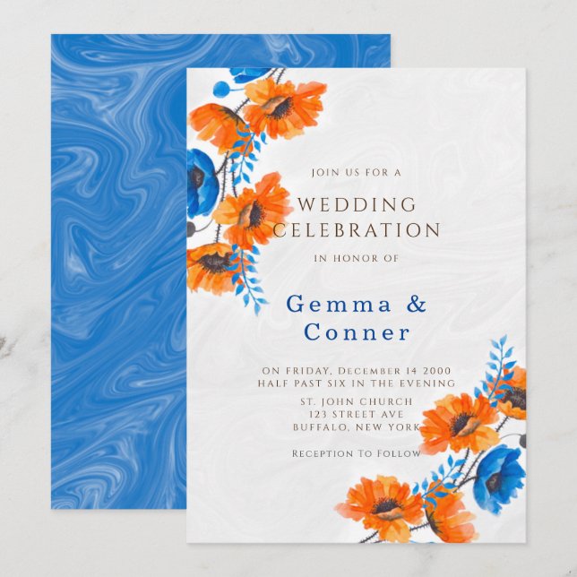 Blue and Orange Poppy Wedding  Invitation (Front/Back)