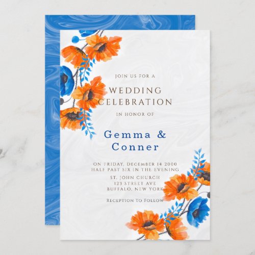 Blue and Orange Poppy Wedding  Invitation