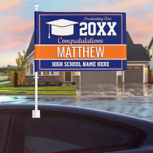 Blue and Orange School Colors Graduation Parade Car Flag