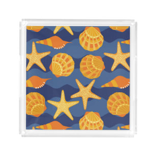Blue And Orange Seashell Pattern Acrylic Tray