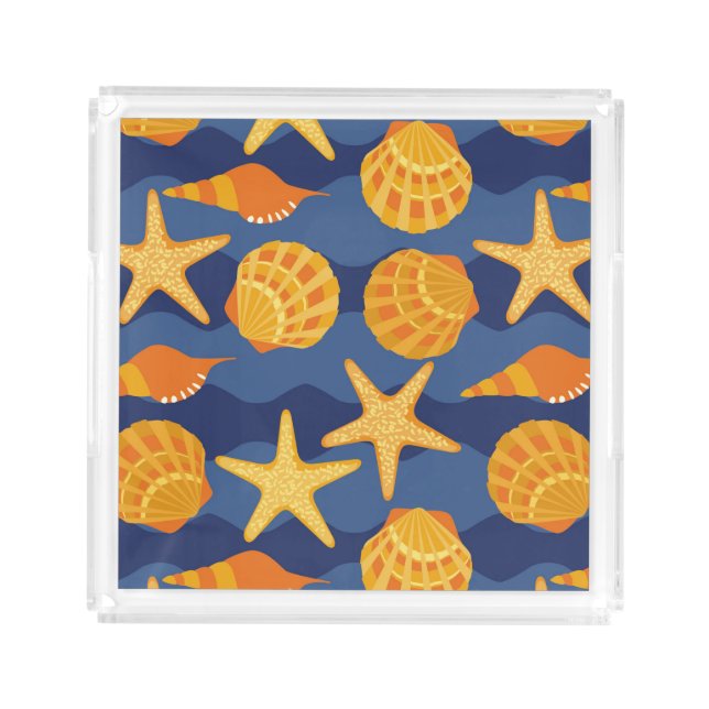 Blue And Orange Seashell Pattern Acrylic Tray (Front)