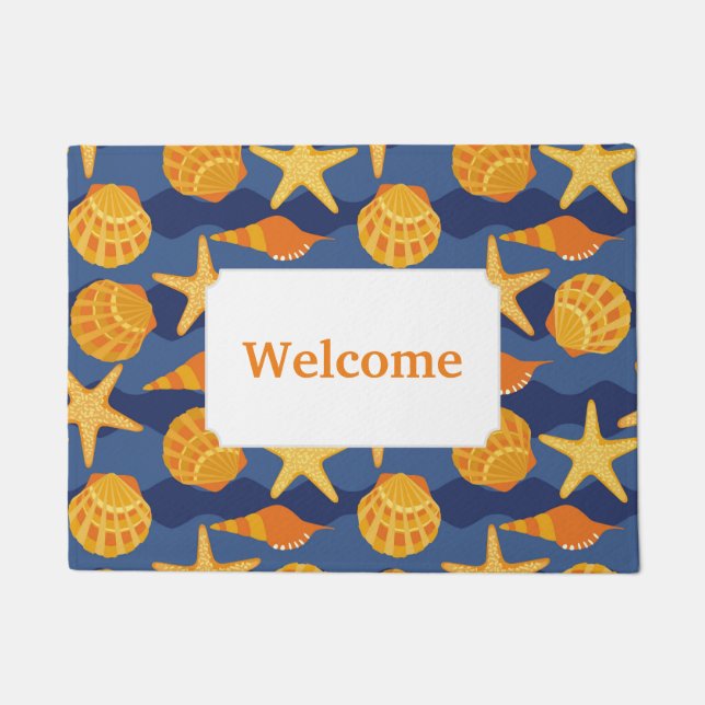 Blue And Orange Seashell Pattern | Add Your Text Doormat (Front)