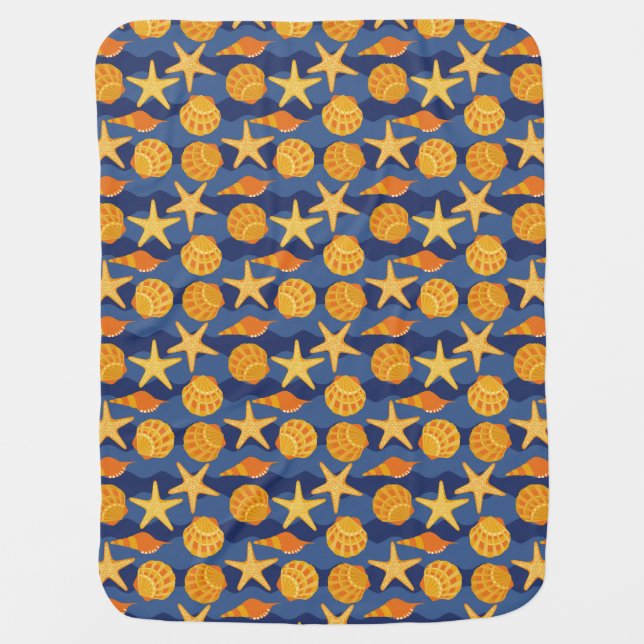 Blue And Orange Seashell Pattern Baby Blanket (Front)