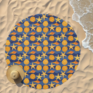 Blue And Orange Seashell Pattern Beach Towel