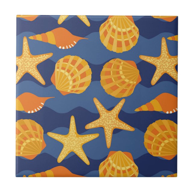 Blue And Orange Seashell Pattern Ceramic Tile (Front)