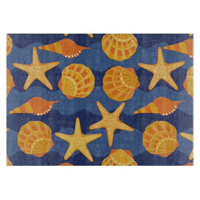 Blue And Orange Seashell Pattern Cutting Board (Front)