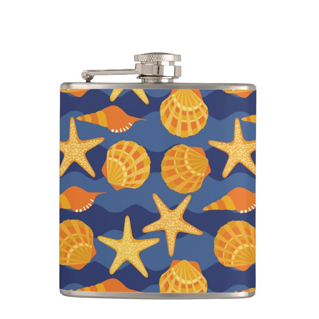 Blue And Orange Seashell Pattern Flask (Front)