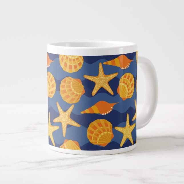 Blue And Orange Seashell Pattern Giant Coffee Mug (Front Right)