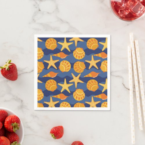 Blue And Orange Seashell Pattern Napkins