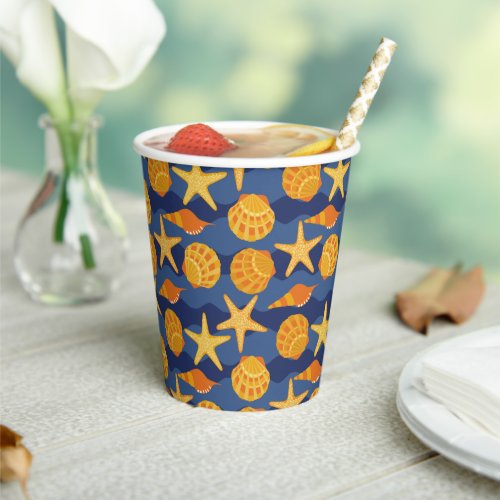 Blue And Orange Seashell Pattern Paper Cups