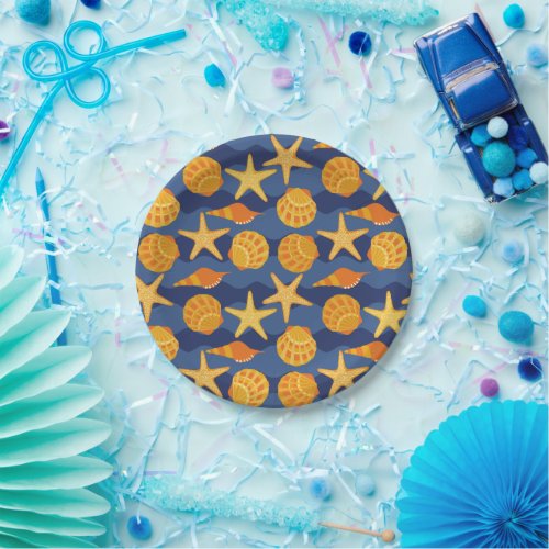 Blue And Orange Seashell Pattern Paper Plates