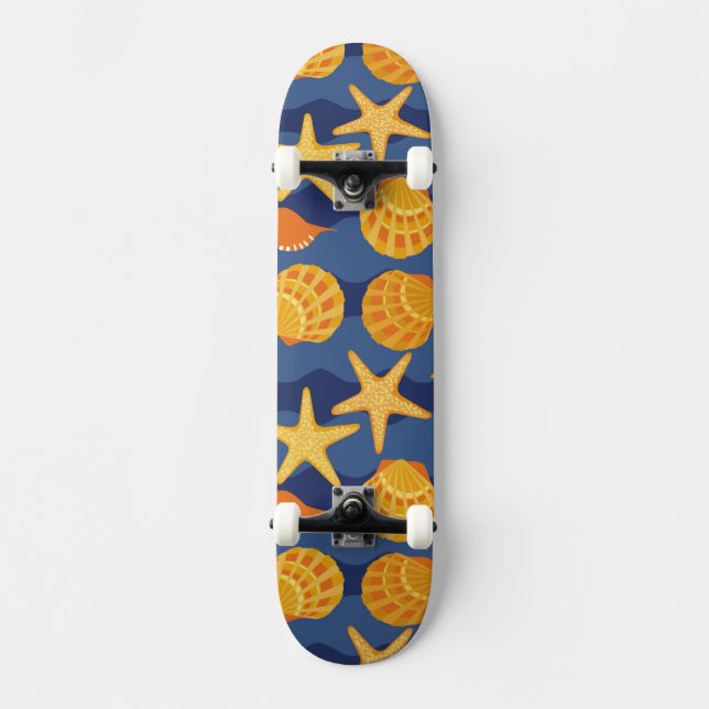 Blue And Orange Seashell Pattern Skateboard Deck (Front)