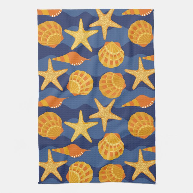 Blue And Orange Seashell Pattern Towel (Vertical)