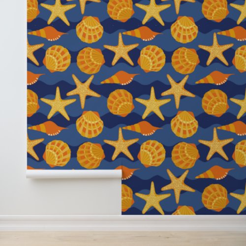 Blue And Orange Seashell Pattern Wallpaper