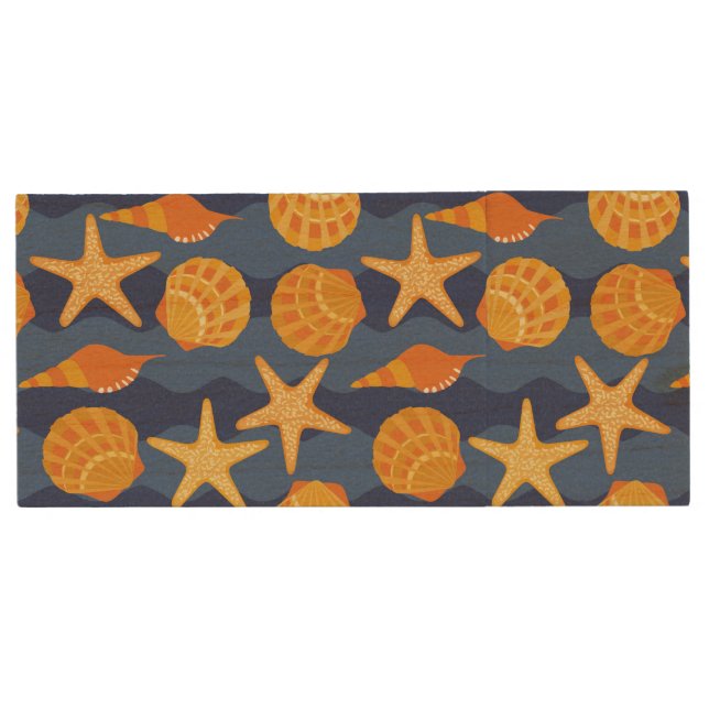 Blue And Orange Seashell Pattern Wood USB Flash Drive (Front)