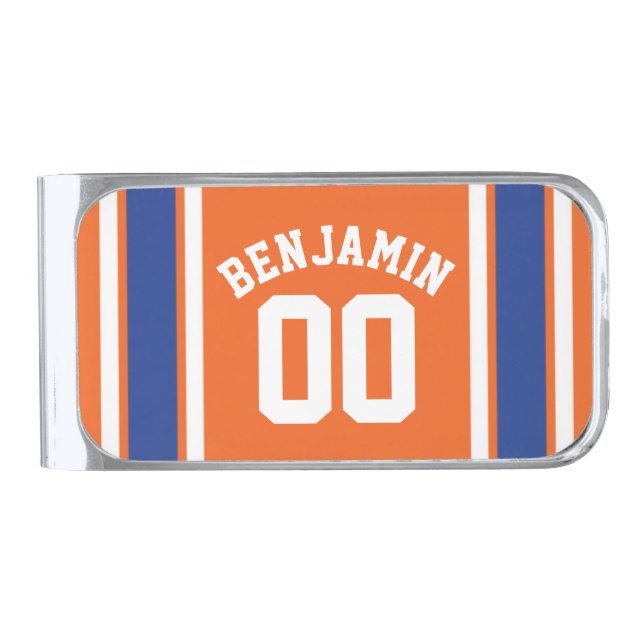 Blue and Orange Sports Jersey Custom Name Number Silver Finish Money Clip (Front)