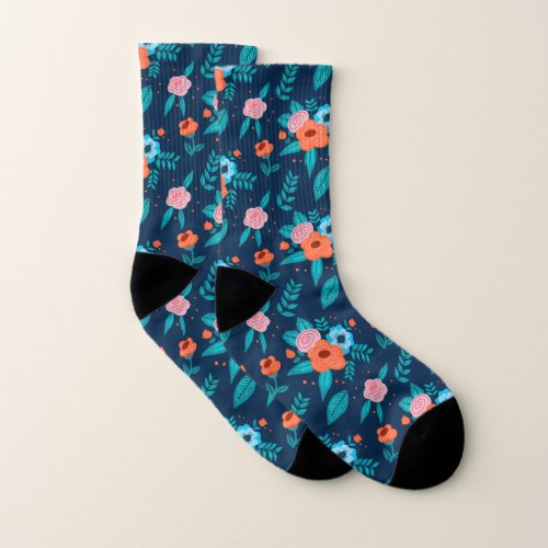 Blue and Orange Spring Flower Pattern Socks