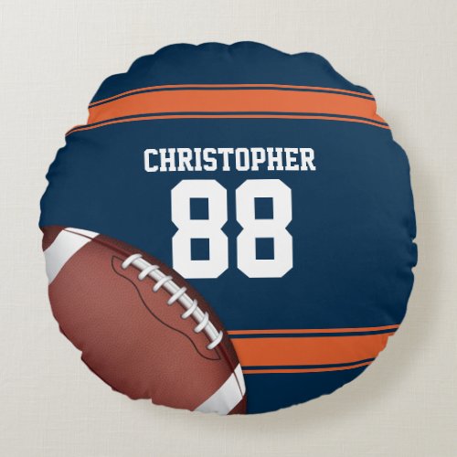 Blue and Orange Stripes Jersey Grid Iron Football Round Pillow