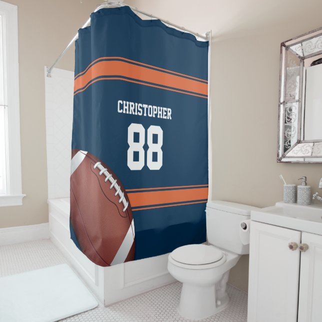Blue and Orange Stripes Jersey Grid Iron Football Shower Curtain (In Situ)
