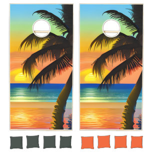 Blue and Orange Sunset Tropical Cornhole Set