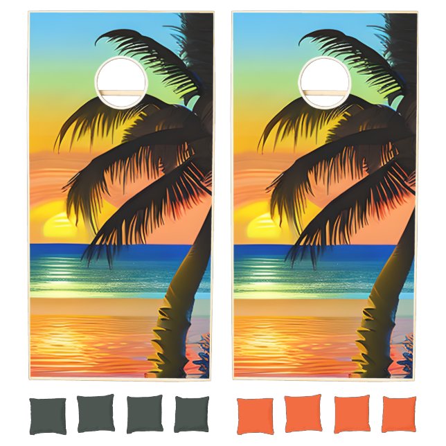 Blue and Orange Sunset Tropical  Cornhole Set (Set)