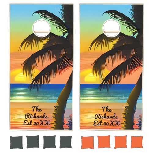 Blue and Orange Sunset Tropical Personalized Cornhole Set