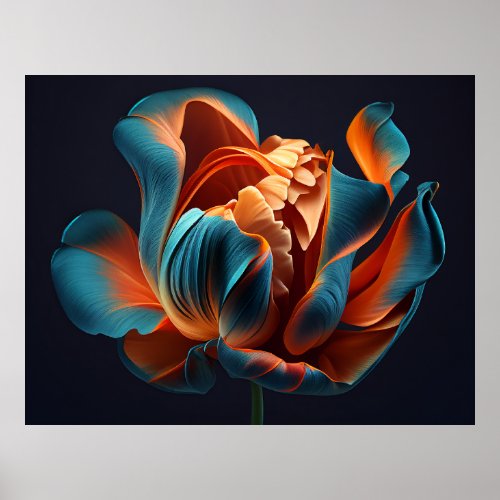 Blue and Orange Tulip on a Bold Black Background  Poster